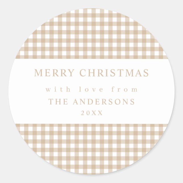 Beige Gingham Christmas Classic Round Sticker (Front)