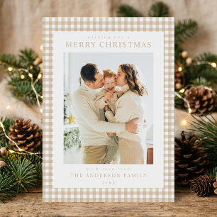 Beige Gingham Christmas Photo Holiday Card