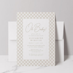 Beige gingham cute neutral Oh Baby baby shower Invitation