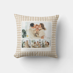 Beige Gingham Family Photo Collage Throw Pillow