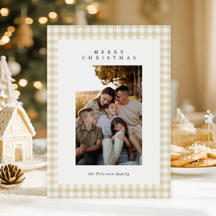 Beige Gingham Plaid Photo Merry Christmas Holiday