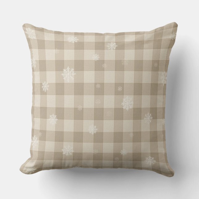 Beige Gingham Plaid Snowflake Throw Pillow – Warm (Front)