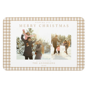 Beige Gingham Plaid Two Photo Magnet