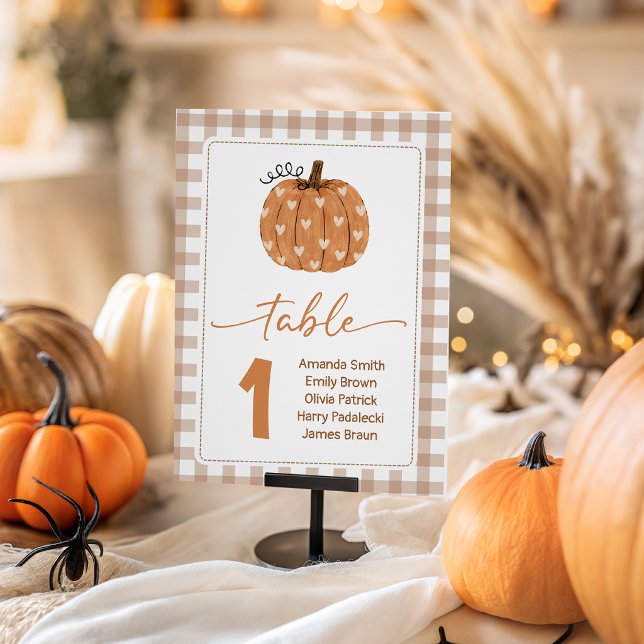 Beige Gingham Pumpkin Shower Table Numbers Pedestal Sign (Creator Uploaded)