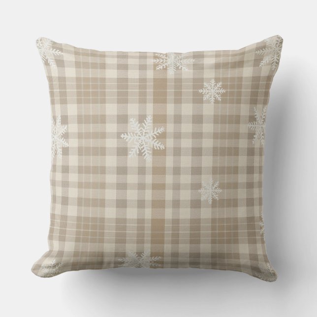 Beige Gingham Snowflake Throw Pillow –Cozy Neutral (Front)