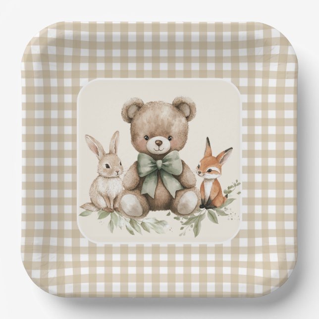 Beige Gingham Woodland Animals Baby Shower Plates (Front)