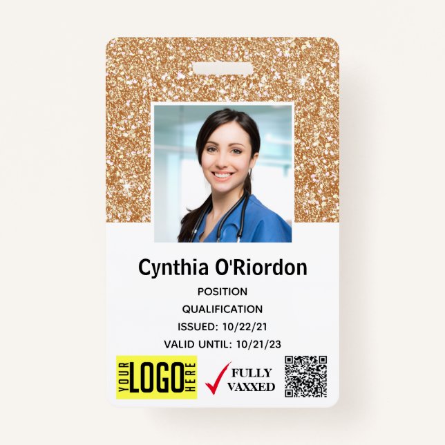 Beige Glitter Technician QR Barcode Photo ID Badge (Front)