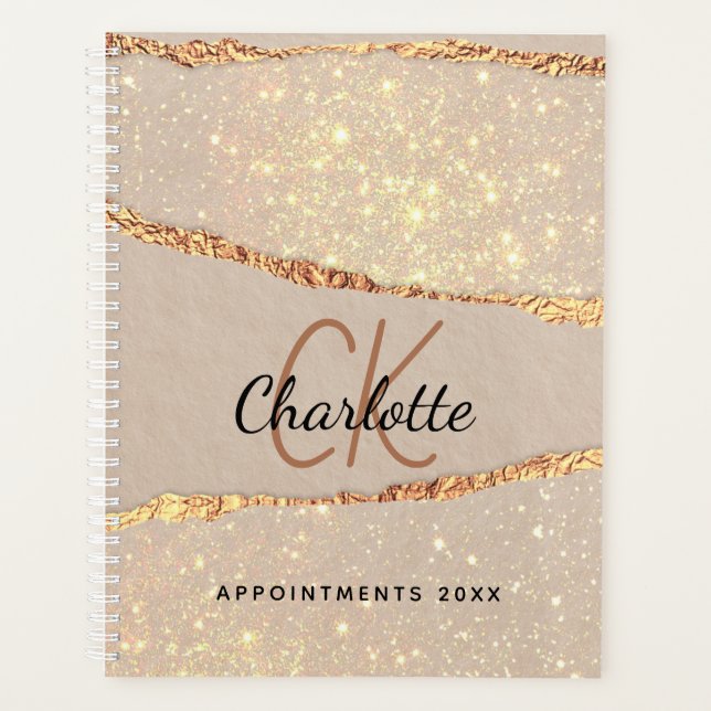 Beige gold agate glitter marble monogram 2025 planner (Front)