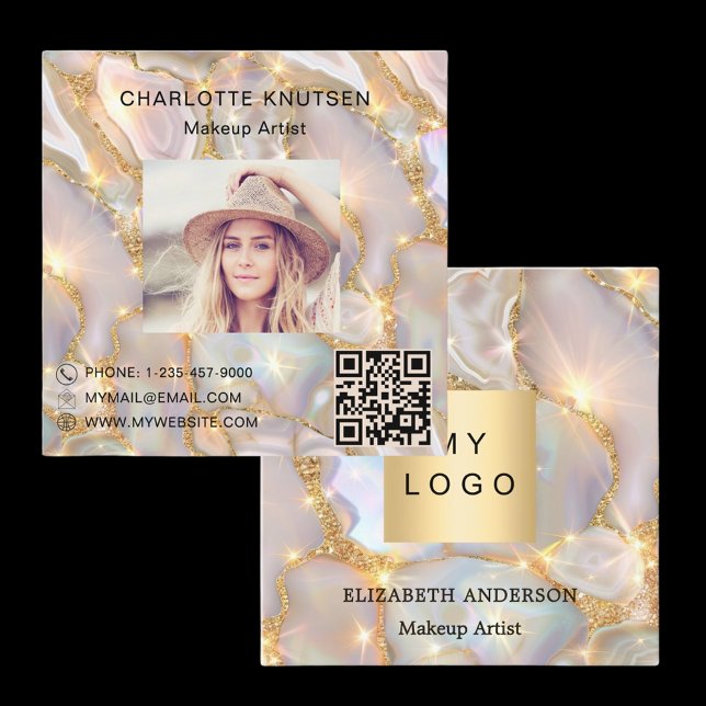 Beige gold agate holographic photo qr code logo square business card (Creator Uploaded)