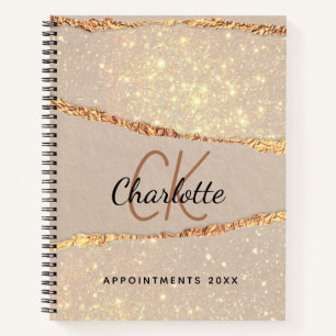 Beige gold agate marble monogram notebook