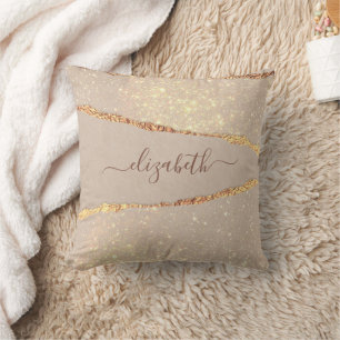 Beige gold Agate marble stone name script Throw Pillow