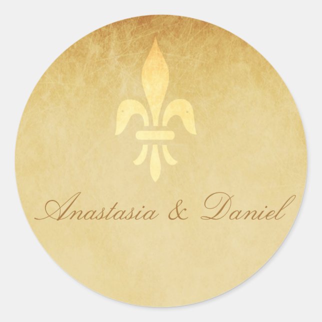 Beige gold de luxe French fleur de lis wedding Classic Round Sticker (Front)