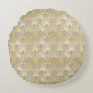 Beige gold, fan pattern,Art Deco, vintage pattern, Round Pillow