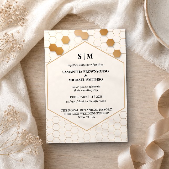 Beige Gold Honeycomb Wedding Invitation (Creator Uploaded)