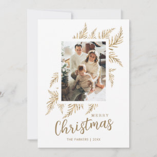 Beige Gold Leave Family Photo Merry Christmas Card