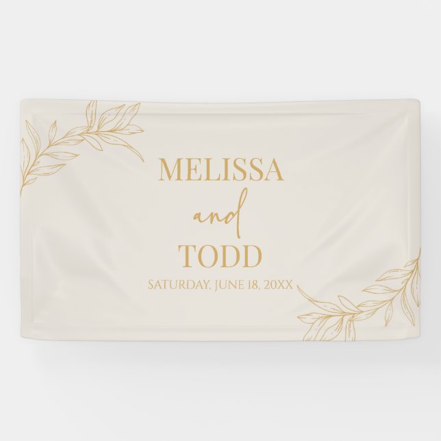 Beige Gold Minimal Minimalist Branch Leaf Wedding Banner (Horizontal)