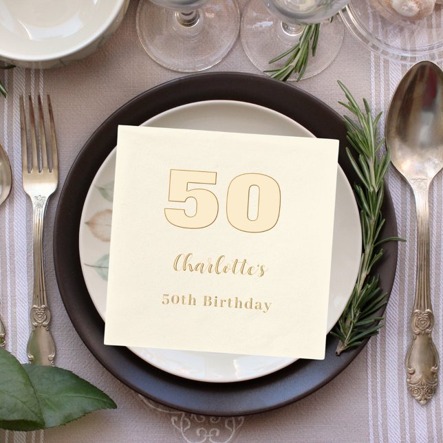 Beige gold name elegant birthday party foil napkins (Creator Uploaded)