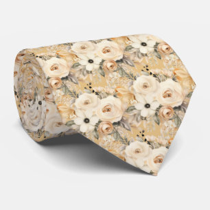 Beige Gold White Roses Floral Flowers Neck Tie