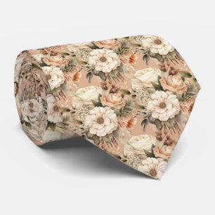 Beige Gold White Roses Floral Flowers Neck Tie