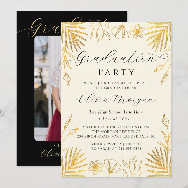 Beige Golden Floral Script Graduation Party Photo Invitation (Front/Back)