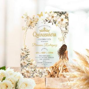 Beige Golden Tiara Floral Butterfly Quinceañera  Acrylic Invitations
