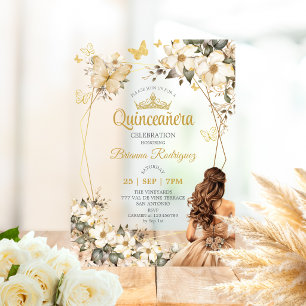 Beige Golden Tiara Floral Butterfly Quinceañera  Acrylic Invitations