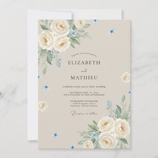 Beige Graceful Floral Wedding Invitation (Front)