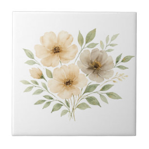 Beige Gray Neutral Colors Boho Watercolor Florals Tile