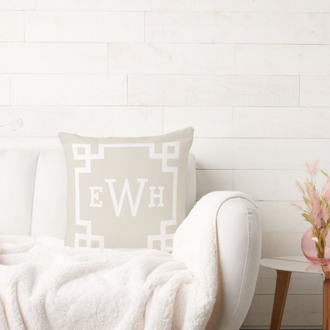 Beige Greek Key Custom Monogram Initials Throw Pillow (Couch)