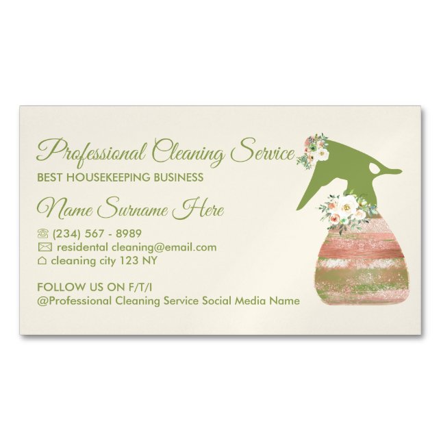 Beige Green Maid Spray Flower Cleaning Magnetic Business Card (Front)
