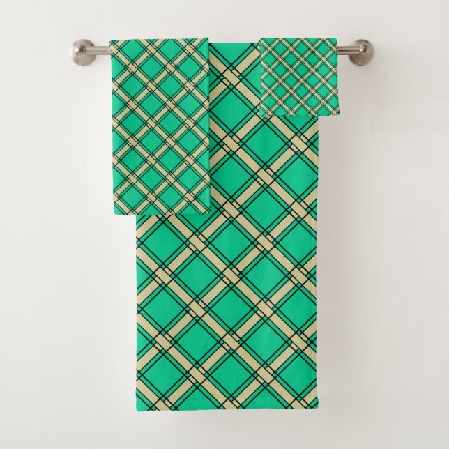 Beige green , plaid pattern  bath towel set (Insitu)