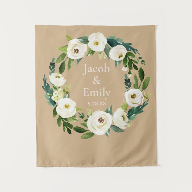 Beige Greenery Custom Wedding Photo Booth Backdrop Tapestry (Front)