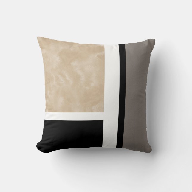 Beige Grey Black and White Modern Throw Pillow (Front)