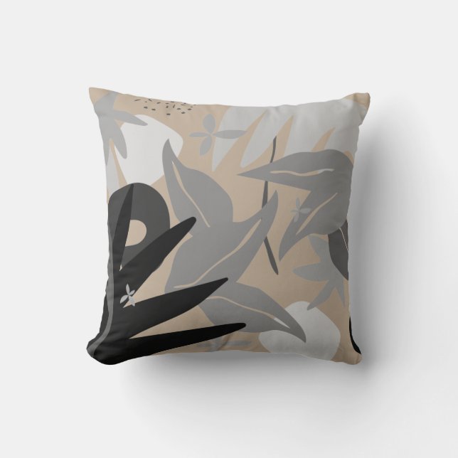 Beige Grey & Black Artistic Abstract Leaves Throw Pillow (Front)
