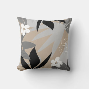 Beige Grey Black & White Artistic Abstract Floral Throw Pillow