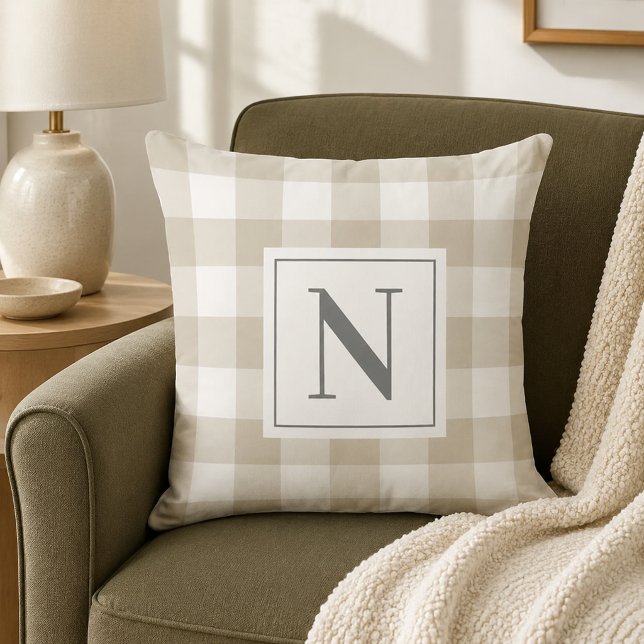 Beige Grey Gingham Check Monogram Initial Throw Pillow (Creator Uploaded)