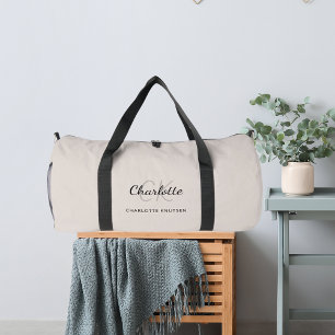 Beige grey monogram initials name modern duffle bag