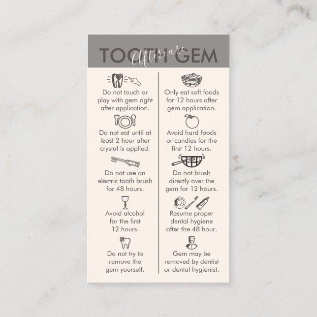 Beige Grey Physical Printed Tooth Gem Aftercare Business Card (Back)