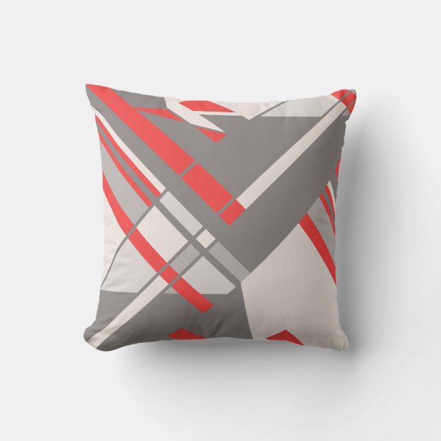 Beige Grey Red on White Diagonal Abstract Design Throw Pillow (Front)
