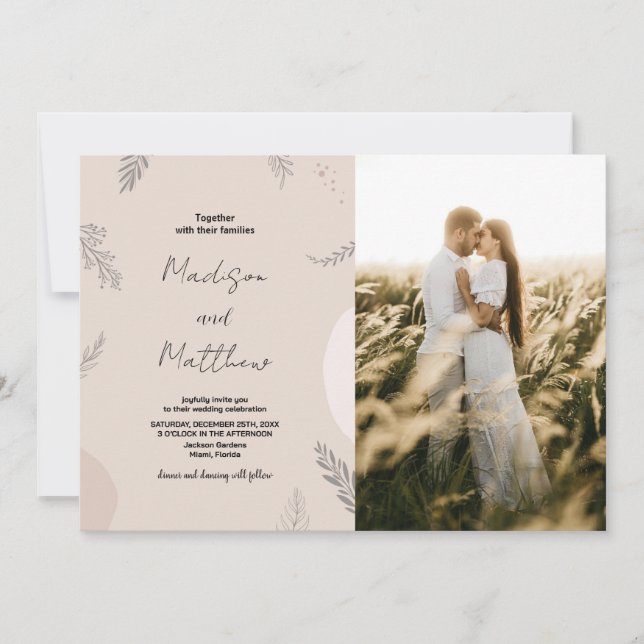 Beige Grey Wedding Invitations with photo (Front)