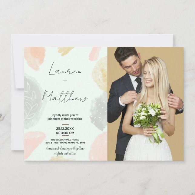 Beige Grey Wedding Invitations with photo (Front)