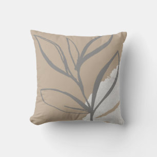 Beige Grey & White Abstract Watercolor Leaves Throw Pillow