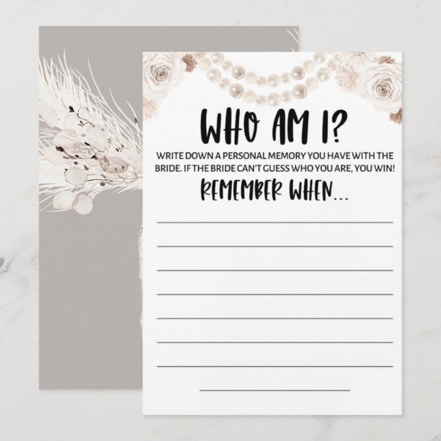 Beige Grey White Floral Pearl Bridal Shower Game Invitation (Front/Back)