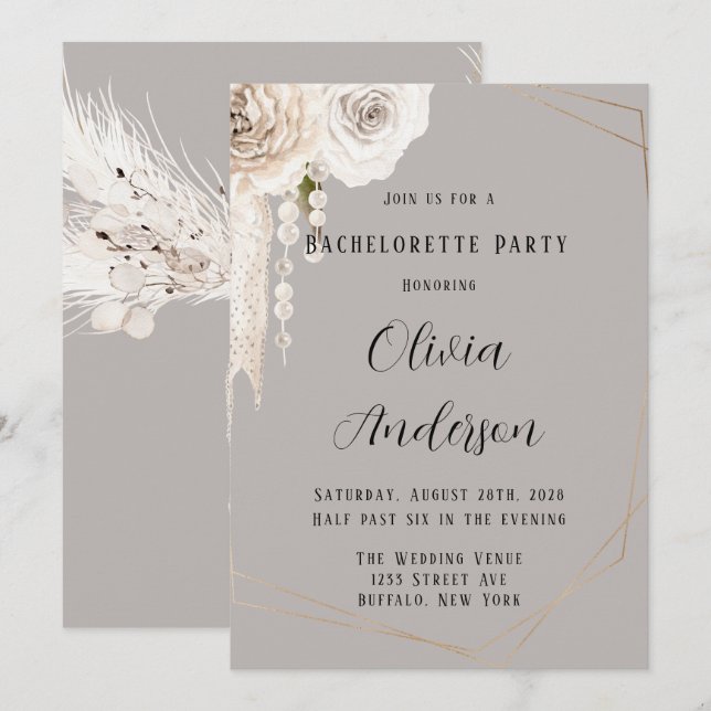 Beige Grey White Floral Pearls Bachelorette Party Invitation (Front/Back)