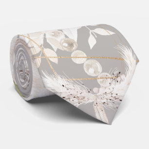 Beige Grey White Floral Weddinig Groom Tie