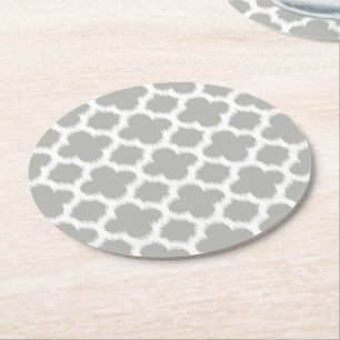 Beige Grey White Retro Ikat Quatrefoil Pattern Round Paper Coaster