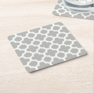 Beige Grey White Retro Ikat Quatrefoil Pattern Square Paper Coaster