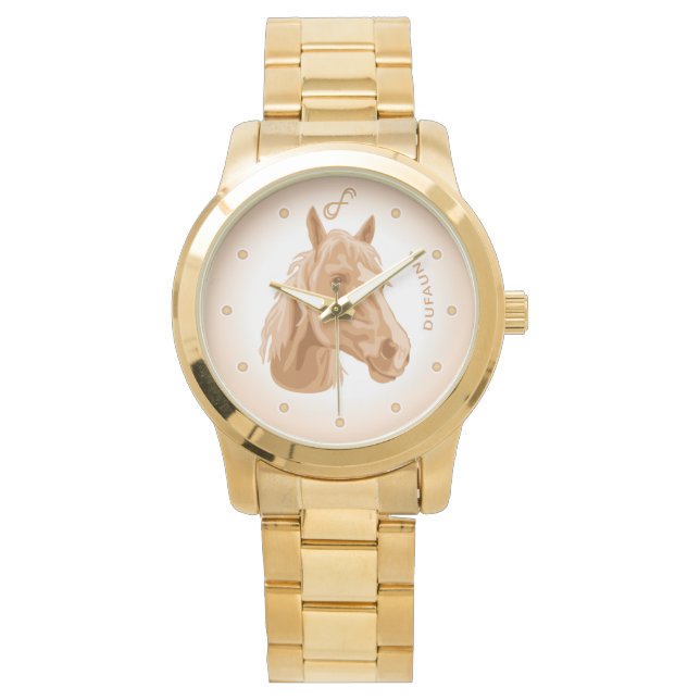 Beige Happy Horse Golden Wrist Watch (Front)