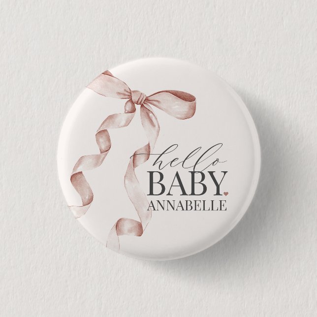 Beige Hello Baby Bow Girl Baby Shower Favours 1 Inch Round Button (Front)