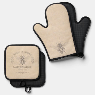 Beige Honey Bee French Country Vintage Rustic Oven Mitt & Pot Holder Set